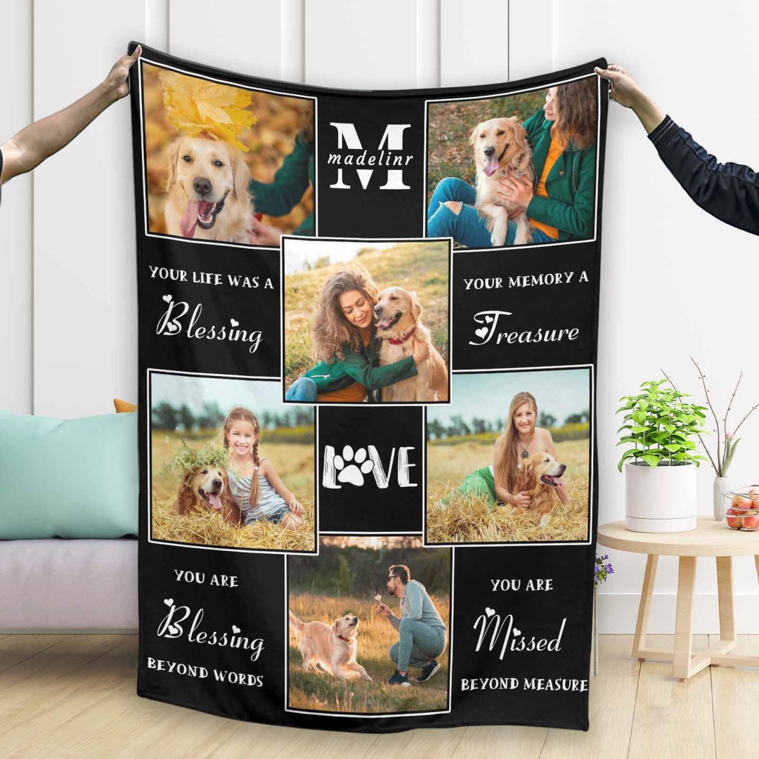 Personalized Pet Memorial Throw Blanket Custom Dog Photo Blanket Pictures Collage Blanket Soft