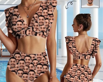 Personalized Photo Bikini, Custom Face Ruffle Swimsuit, Bachelorette Gift