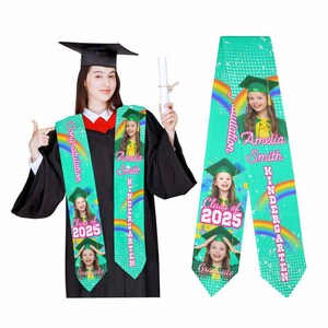 Custom Class Of 2025 Graduation Stole With Photo & Personalized Text - Satin Sash With Trim For High School & College