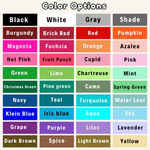 May include: A color chart with the text "Color Options" at the top. The chart displays a grid of color swatches, including black, white, gray, red, orange, pink, green, blue, purple, and brown, with each color labeled.