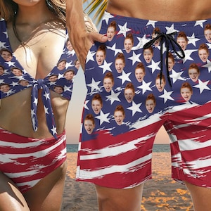 Custom Face Swim Trunks Bikini Personalized US Flag Bathing Suit Beach Shorts for Men Women Custom Couple Matching Swimsuit with Photo