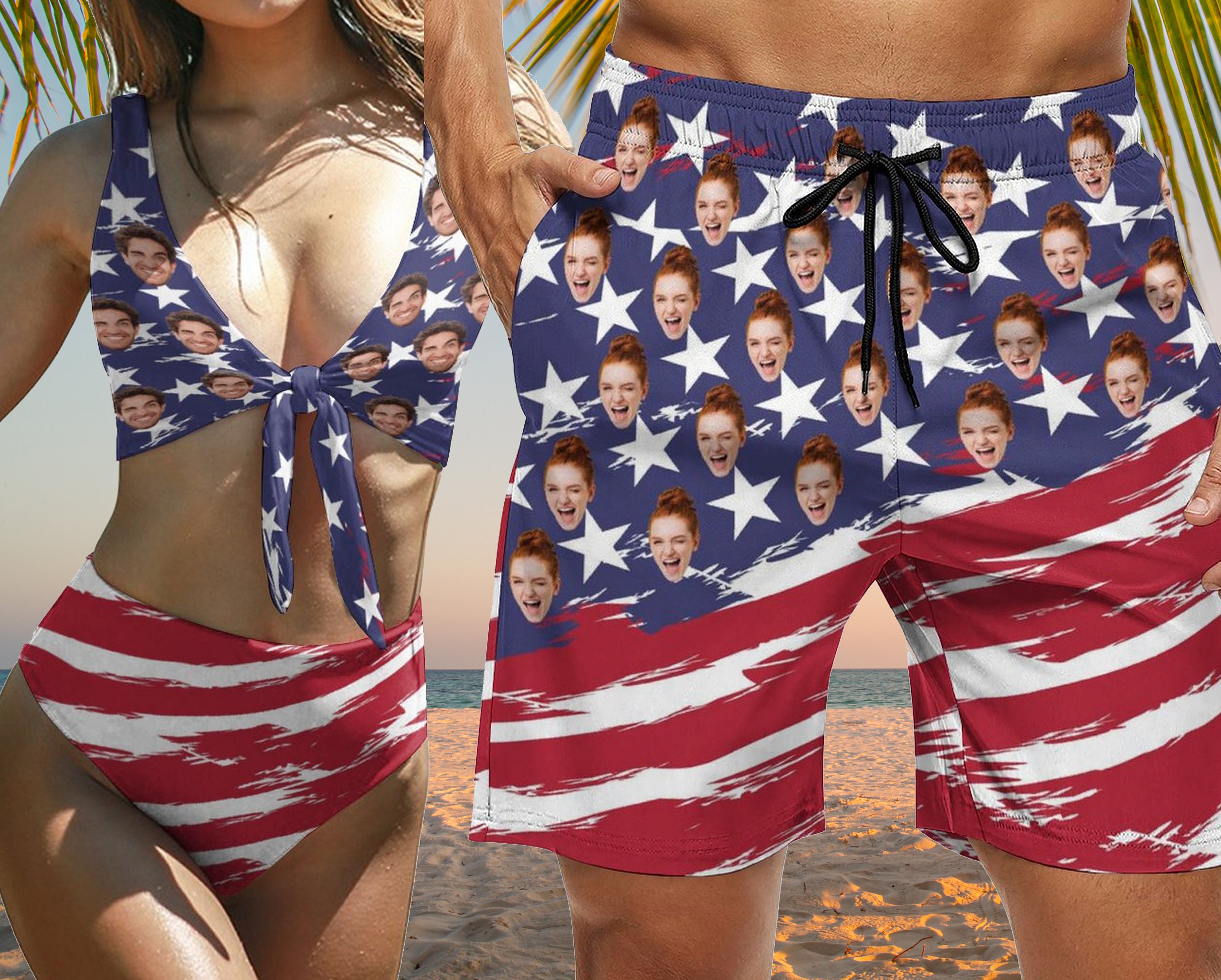 Mens Low Square Cut Swim Trunks in USA Flag Collage