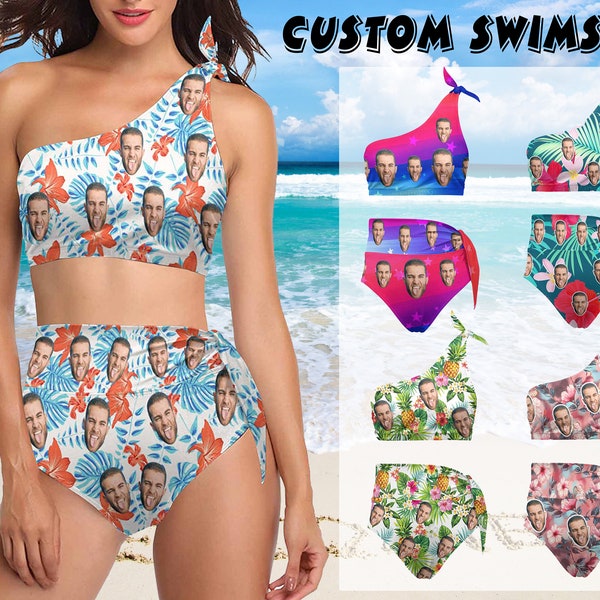 Custom Face High Waisted Bikini Set Personalized Flowers Leaves Swimsuit with Photo Swimwear Bathing Suit Best Gifts for Girlfriend Wife