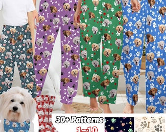 Custom Face Pajama Pants,Personalized Pajama Trousers Sleepwear with Dog Photo,Dog Cat Paw Print Couple Pajama Pants,Happy new year gifts