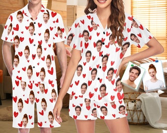 Custom Photo Pajamas,Personalized Face Short Pajama Set for Men/Women,Custom Sleepwear with Photo,Heart Couple PJs,Valentine's Day Gift