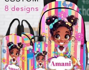 Custom Afro Girl Backpack Set, Personalized Schoolbag, Lunch Bag & Water Bottle