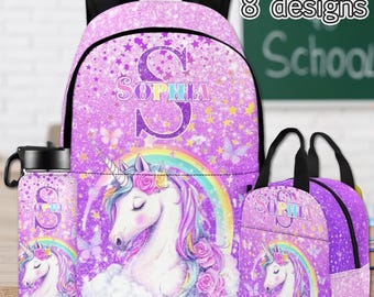 Personalized Unicorn Backpack Set, Schoolbag, Lunch Bag, Water Bottle