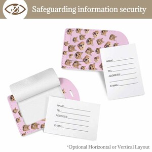 May include: Pink luggage tags featuring a repeating pattern of cat faces. Each tag has a card with fields for name, telephone, address, and email. The text "Safeguarding information security" is at the top.