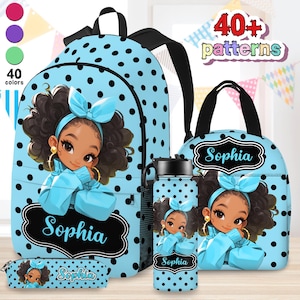 Personalized Backpack Afro Black Girl,Custom Name School Bag for Kids,Bookbag with Lunch Bag Set,Custom Water Bottle,Back To School Gifts
