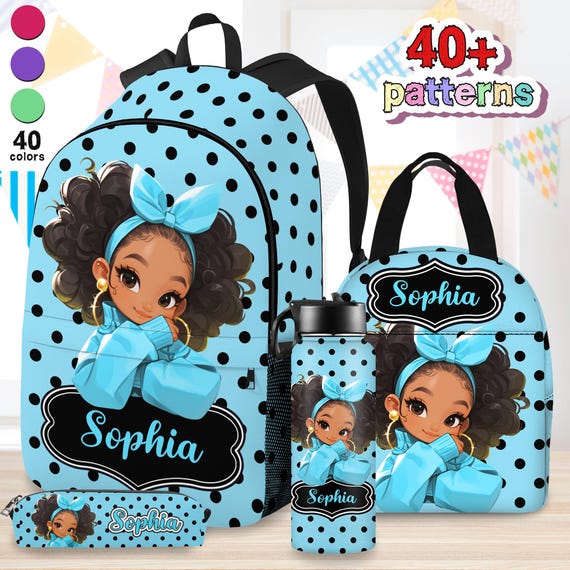 Personalized Afro Girl Backpack Set, Custom School Bag, Lunch Bag, Water Bottle