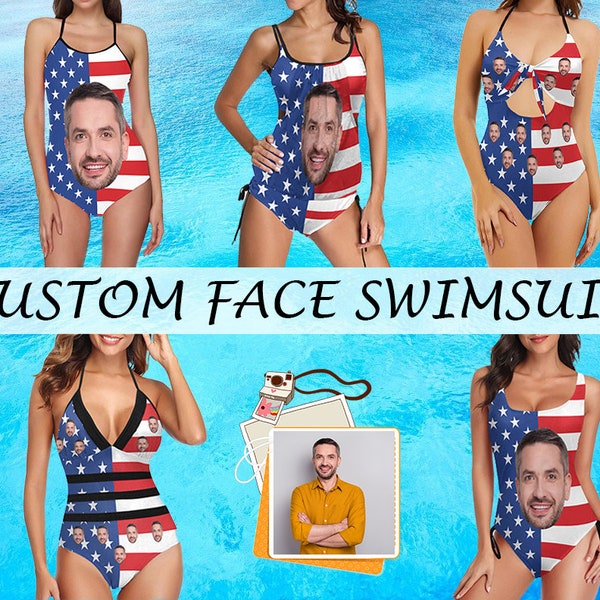 Custom Face Bikini Swimsuit Personalized US Flag Women's Swimwear with Photo Bathing Suit Birthday Gifts Independence Day
