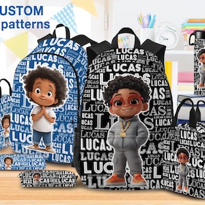 Custom Backpack Black Boy,Personalized Name School Bookbag for Kids,Water Bottle with Lunch Bag Set,Text School Bag,Back To School Gifts