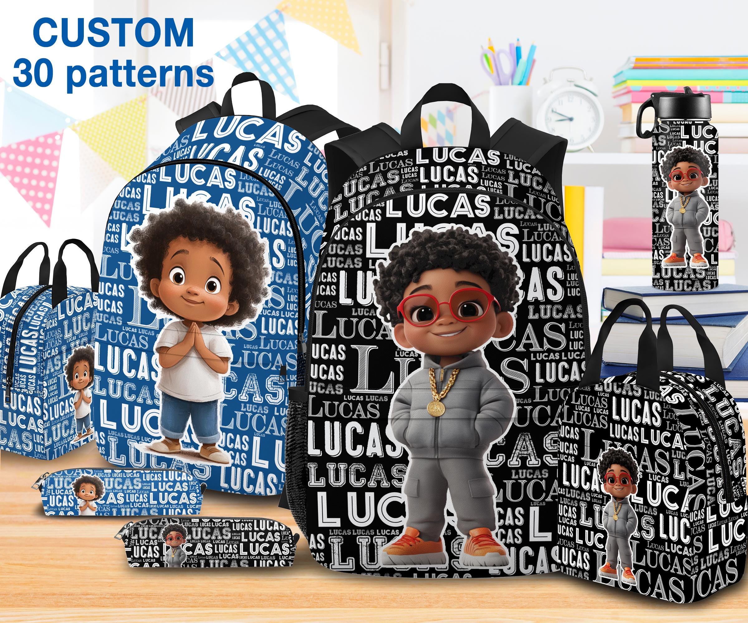 Custom Backpack Black Boy,Personalized Name School Bookbag for Kids,Water Bottle with Lunch Bag Set,Text School Bag,Back To School Gifts