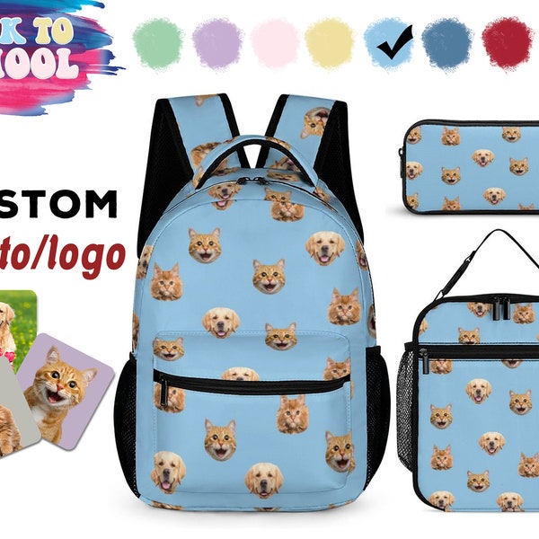 Custom Backpack Lunch Bag Set,Personalized Pet Photo Image Logo School Bag,Custom Pencil Case,Back to School,Gifts for Girls and Boys