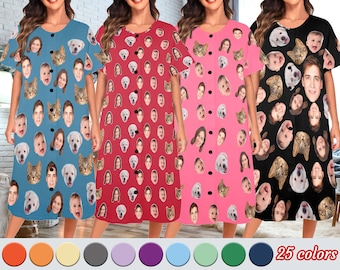 Custom Face Nightgown,Personalized Photo Pajamas Dress for Women,Custom Ladies Nightdress with Pet Pictures,Birthday Christmas Gifts for Her