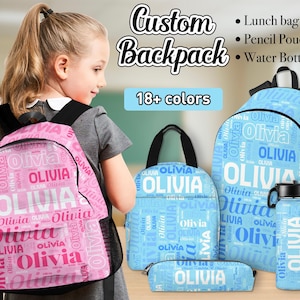 Personalized Name Backpack,Custom School Bag for Girls Boys,Custom Kids Bookbag with Lunch Bag,Water Bottle,Pencil Pouch,Back To School Gift