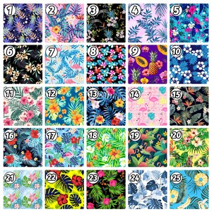 Puede incluir: Una colecci&oacute;n de 25 patrones tropicales diferentes que presentan varios dise&ntilde;os florales, incluyendo hibisco, hojas de palma, pi&ntilde;as, flamencos y papaya. Los patrones est&aacute;n dispuestos en un formato de cuadr&iacute;cula, con cada patr&oacute;n numerado del 1 al 25.