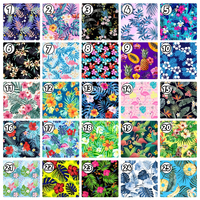 Puede incluir: Una colecci&oacute;n de 25 patrones tropicales diferentes que presentan varios dise&ntilde;os florales, incluyendo hibisco, hojas de palma, pi&ntilde;as, flamencos y papaya. Los patrones est&aacute;n dispuestos en un formato de cuadr&iacute;cula, con cada patr&oacute;n numerado del 1 al 25.