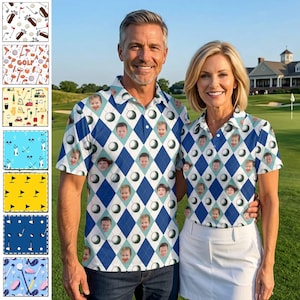 May include: Matching golf shirts with a blue and white argyle pattern, featuring golf balls and baby faces. The shirts have short sleeves and a collared neckline. The background shows a golf course with green grass and a building.