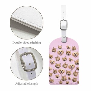 May include: A pink luggage tag with a pattern of cat and dog faces. It has a white strap with an adjustable length and a silver buckle. The tag features double-sided stitching.