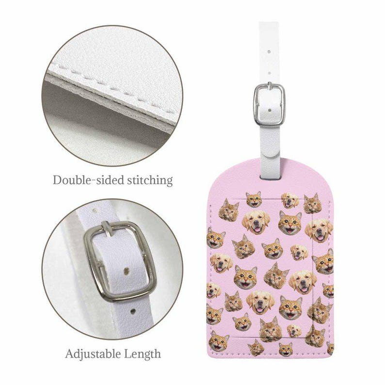 May include: A pink luggage tag with a pattern of cat and dog faces. It has a white strap with an adjustable length and a silver buckle. The tag features double-sided stitching.