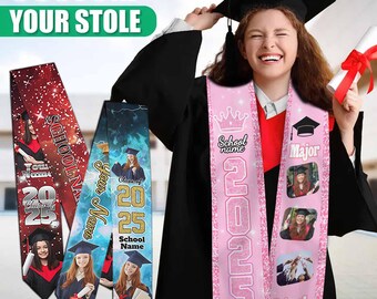 May include: Three graduation stoles with different designs. The first stole is red with a white and gold star pattern, the second stole is blue with a white and gold lightning bolt pattern, and the third stole is pink with a white and gold glitter pattern. All three stoles have the year 2025 printed on them, along with the words "School Name" and "Your Name".