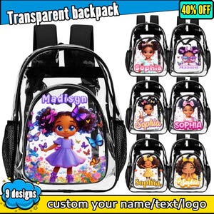 Custom Clear Backpack Black Girls,Personalized Name Water Proof Schoolbag,PVC Transparent Backpack,Kids Bookbag,Back to School Gift