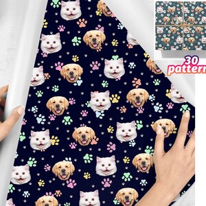May include: A dark blue wrapping paper with a repeating pattern of paw prints, cats, and dogs. The paw prints are in various pastel colors. The cats and dogs are white with black eyes and noses. The text "30 patterns" is in the upper right corner of the image.