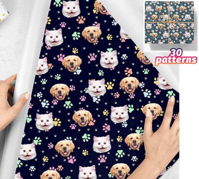 May include: A dark blue wrapping paper with a repeating pattern of paw prints, cats, and dogs. The paw prints are in various pastel colors. The cats and dogs are white with black eyes and noses. The text "30 patterns" is in the upper right corner of the image.