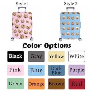May include: Two rolling suitcases with pet face patterns. Style 1 has a pink background with dog and cat faces. Style 2 has a blue background with dog and cat faces. Colour options are displayed below the suitcases.