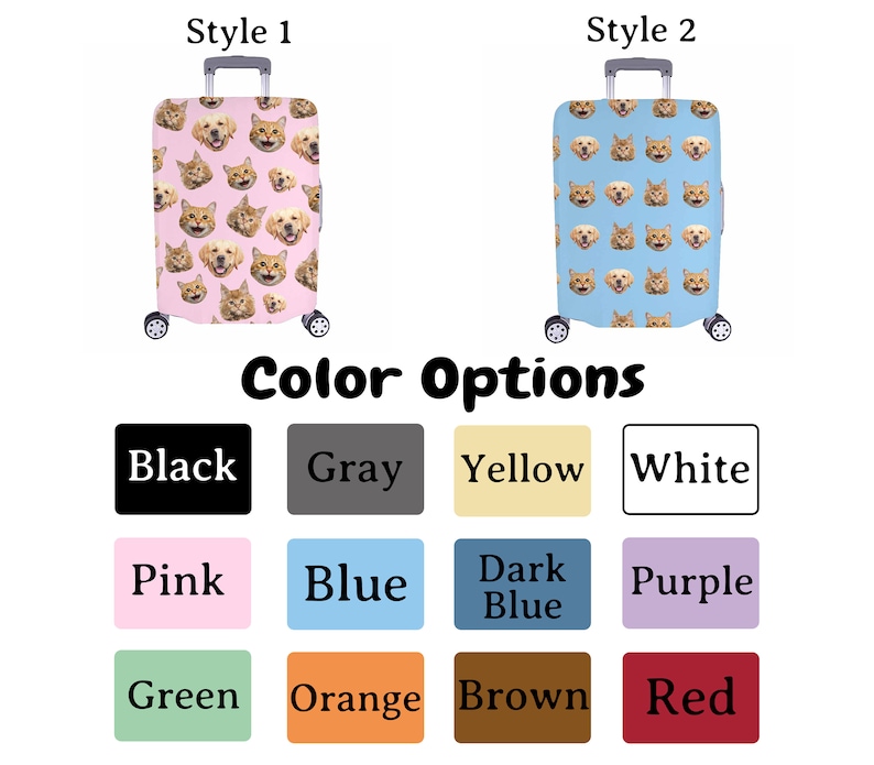 May include: Two rolling suitcases with pet face patterns. Style 1 has a pink background with dog and cat faces. Style 2 has a blue background with dog and cat faces. Colour options are displayed below the suitcases.