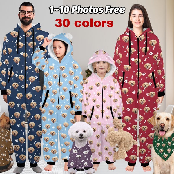 Custom Onesie Pajamas,Personalized Dog Photo Flannel Fleece Adult Pajamas,Family Christmas Pajamas,Hooded Onesie Jumpsuits,Dog Bandana