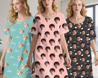Personalisiertes Foto Pyjama Kleid, Benutzerdefiniertes Gesicht Sleepshirt, Geburtstagsgeschenk