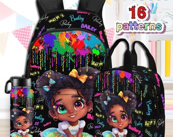 Personalized Afro Black Girl Backpack Set, Lunch Bag & Water Bottle
