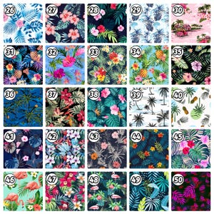 Puede incluir: Una colecci&oacute;n de 50 patrones de tela diferentes con tem&aacute;tica tropical. Los patrones presentan varias plantas tropicales, flores y animales, incluyendo palmeras, pi&ntilde;as, flores de hibisco, flamencos y peces tropicales. Los patrones son de varios colores, incluyendo azul, verde, rosa y amarillo.