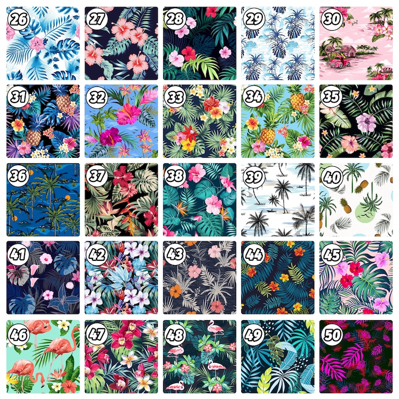 Puede incluir: Una colecci&oacute;n de 50 patrones de tela diferentes con tem&aacute;tica tropical. Los patrones presentan varias plantas tropicales, flores y animales, incluyendo palmeras, pi&ntilde;as, flores de hibisco, flamencos y peces tropicales. Los patrones son de varios colores, incluyendo azul, verde, rosa y amarillo.