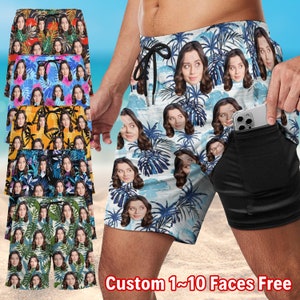 May include: A pair of blue and white swim trunks with a tropical print featuring multiple faces. The trunks have a black pocket on the right side. The text "Custom 1~10 Faces Free" is at the bottom of the image.