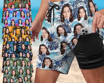 Custom Face Swim Trunks, Personalized Hawaiian Beach Shorts, Gift for Him