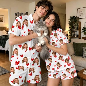 Custom Photo Hearts Pajama Set, Personalized Face PJs, PJs For Couples, Anniversary Gift, Christmas Gifts