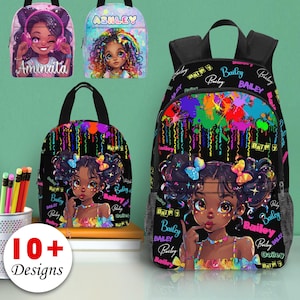 Sac à dos afro noir personnalisé pour fille, rentrée des classes, sac à dos avec nom personnalisé, boîte à lunch, sac à lunch, cartable, cadeau d'anniversaire pour fille