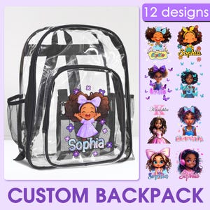 Personalized Kids Clear Backpack,Afro Black Girl Water Proof Backpack for Girl,Custom PVC Transparent Backpack with Name,Back to School Gift