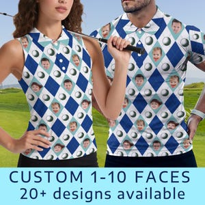 Könnte beinhalten: Ein ärmelloses Golfshirt und ein kurzärmeliges Golfshirt mit einem sich wiederholenden Muster aus Babygesichtern, Golfbällen und blauen Rauten. Die Hemden haben einen Kragen. Der Text unten lautet "CUSTOM 1-10 FACES 20+ designs available."