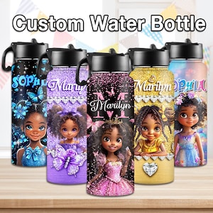 Kids Water Bottles Personalized,Custom Name Water Bottle,Black Girl Insulated Stainless Steel Water Bottle with Straw,Back to School Gifts