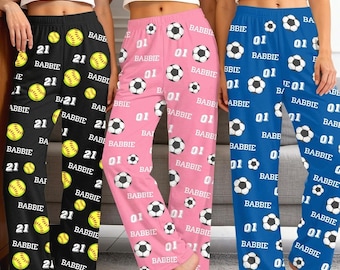 Custom Sports Pajama Pants with Name & Number, Personalized Soccer Softball Loungewear, Team Gifts for Athletes, Soft Sleep Pants gifts