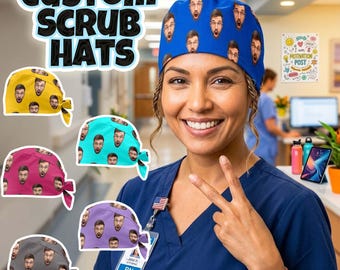 May include: A woman wearing a blue scrub hat printed with surprised faces. The image displays several custom scrub hats in different colours: yellow, teal, pink, purple, and grey, each with a similar face pattern. The text "CUSTOM SCRUB HATS" is at the top.