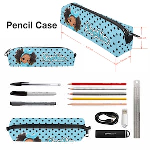 May include: A light blue pencil case with black polka dots and the name "Sophia" in white script. The case features a cartoon illustration of a girl with a blue bow. The case measures 8.27 inches long and 2.16 inches wide.