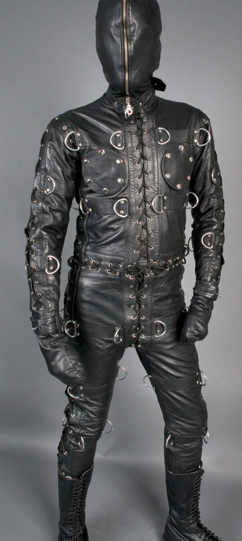 Genuine Leather Mens Bondage jump suit cell suit Black Leather Heavy Duty Restriction Catsuit BDSM. 