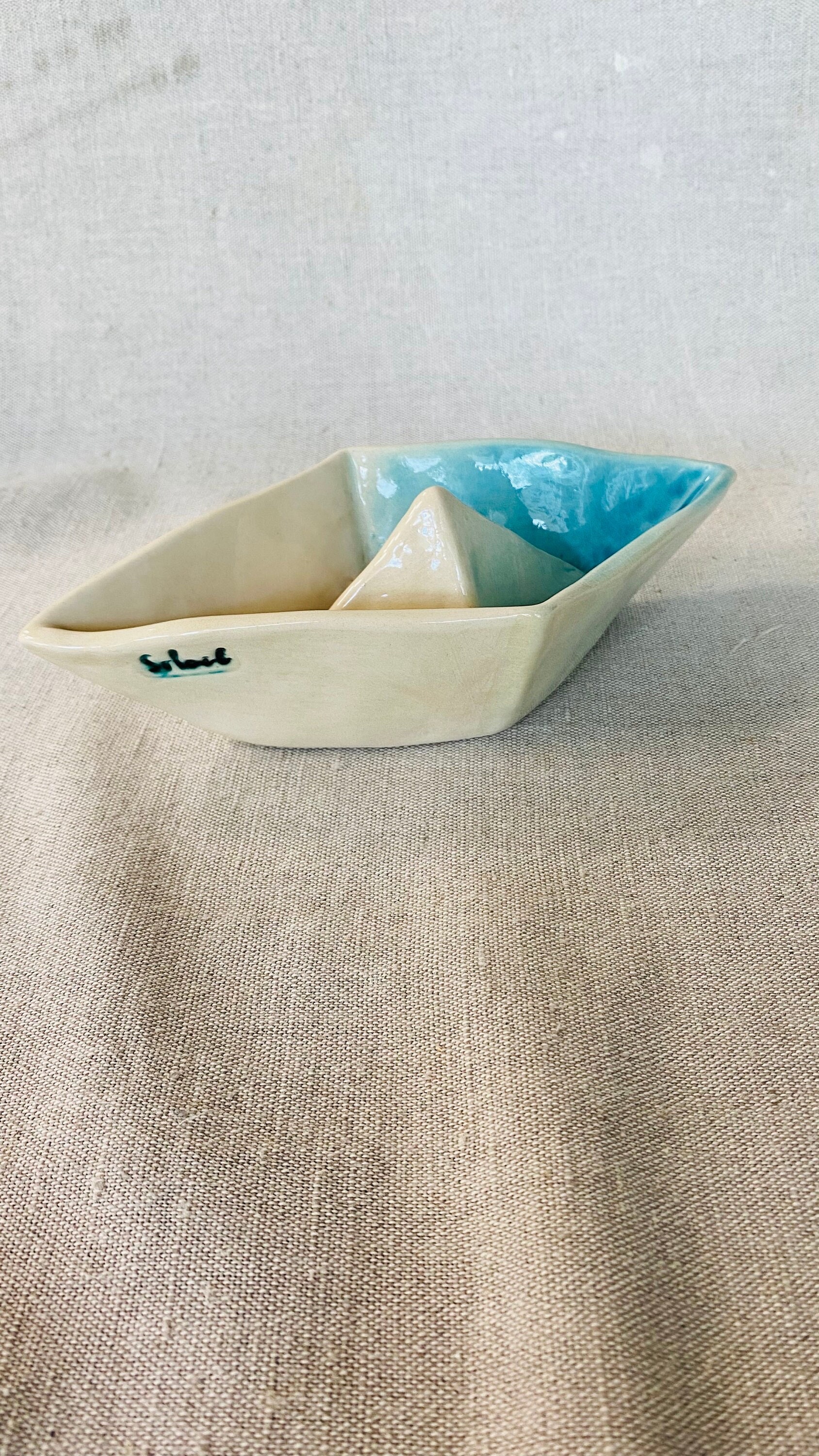 Ceramic paper boat, azure paper boat art object, good luck paper boat ornament, decorative ceramic boat