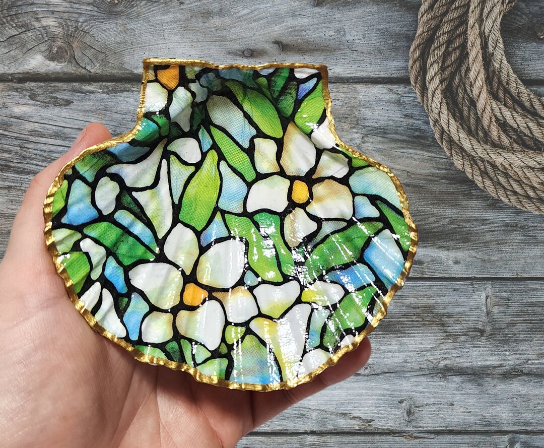 Stained Glass Pattern Shell Trinket Dish | Gift Idea | Decoupage Art ...