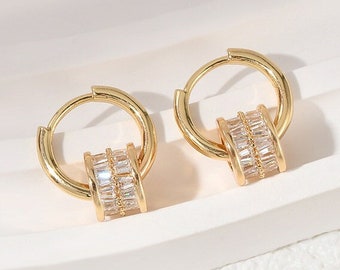 Classic Hoop Earrings, 14k Gold Plated Earrings, Cubic Zirconia Ear Jewelry, Best Gift for Her, Birhday Gifts